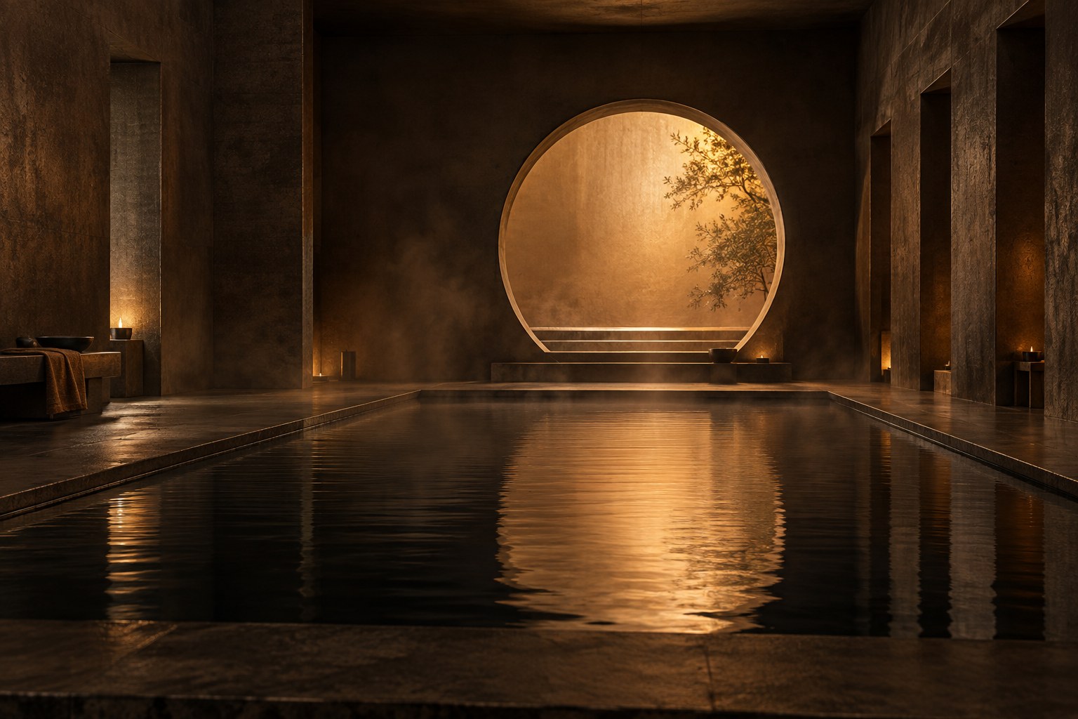 Architectural concept: an amber-lit circular portal beyond a still pool in a warm stone room
